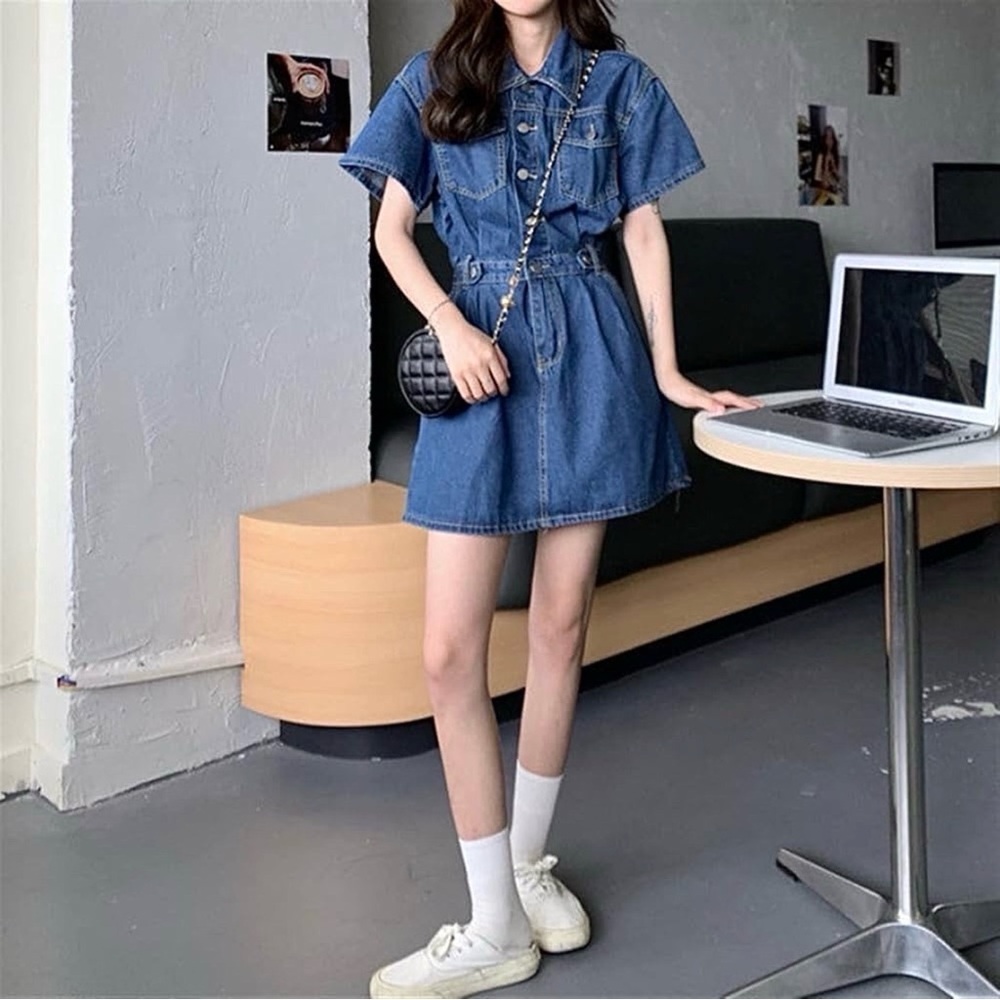 Blue Denim Mini Collared Button-Up Dress - Picture 6 of 11